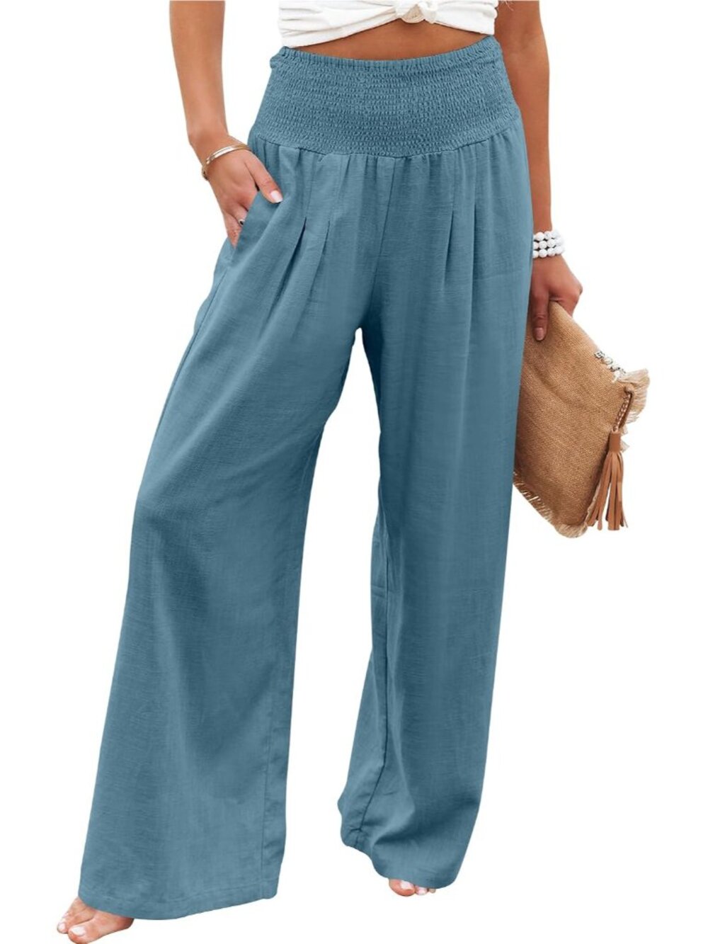 Women Linen Palazzo Wide Leg Pants with Pockets